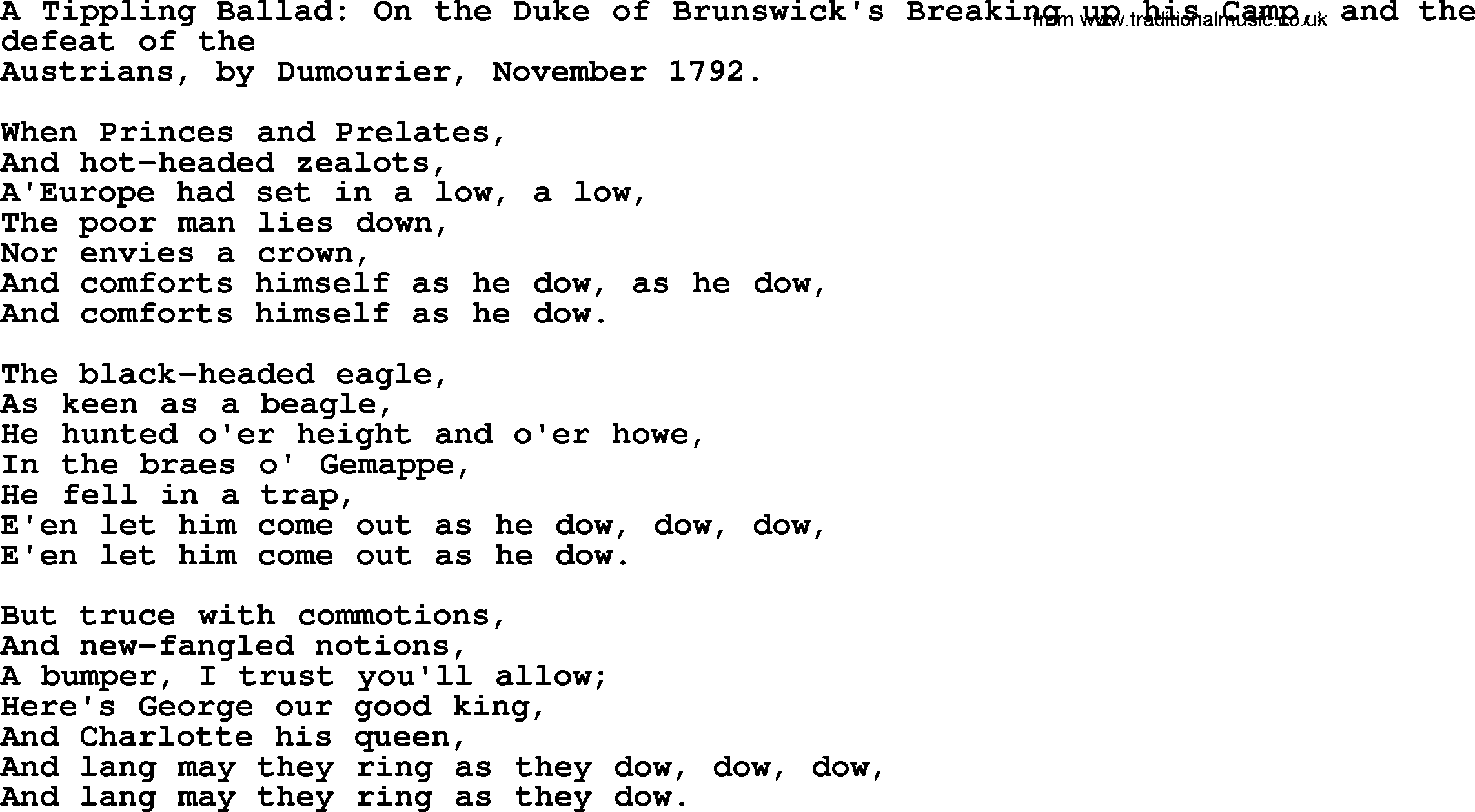 Robert Burns Songs & Lyrics: A Tippling Ballad On The Duke Of Brunswick's Breaking Up His Camp
