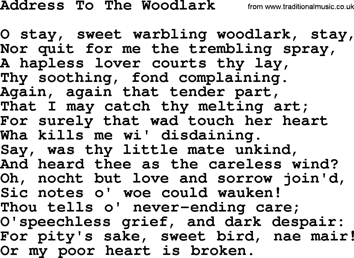 Robert Burns Songs & Lyrics: Address To The Woodlark