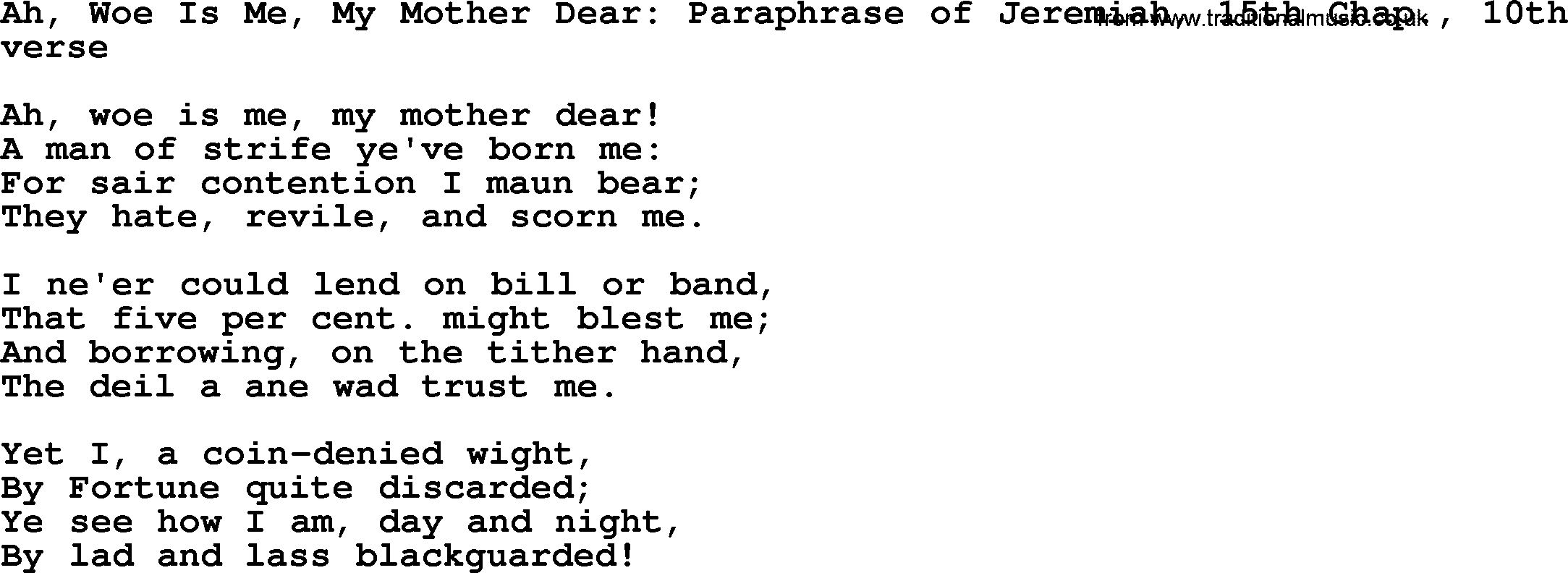Robert Burns Songs & Lyrics: Ah, Woe Is Me, My Mother Dear Paraphrase Of Jeremiah