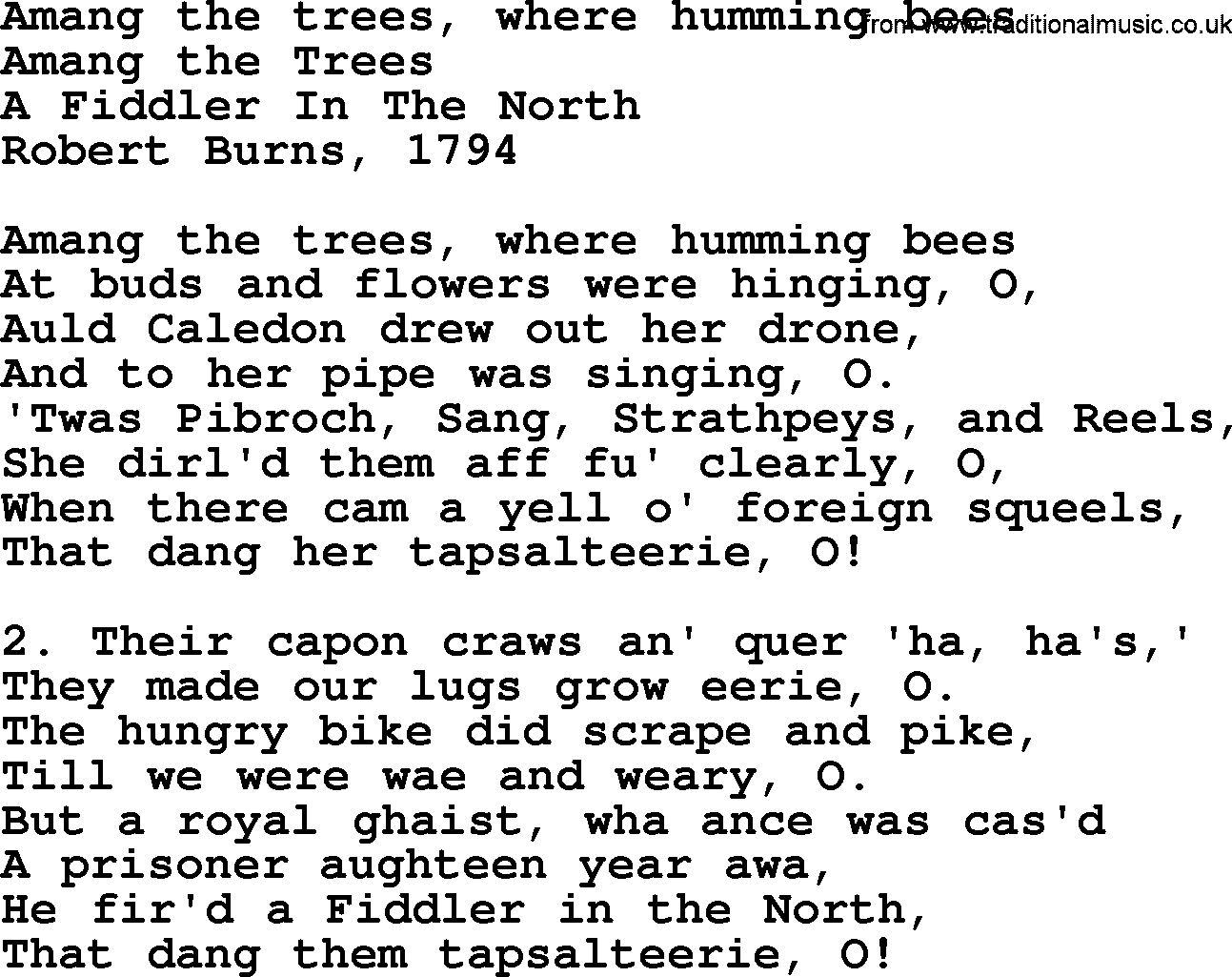 Robert Burns Songs & Lyrics: Amang The Trees, Where Humming Bees