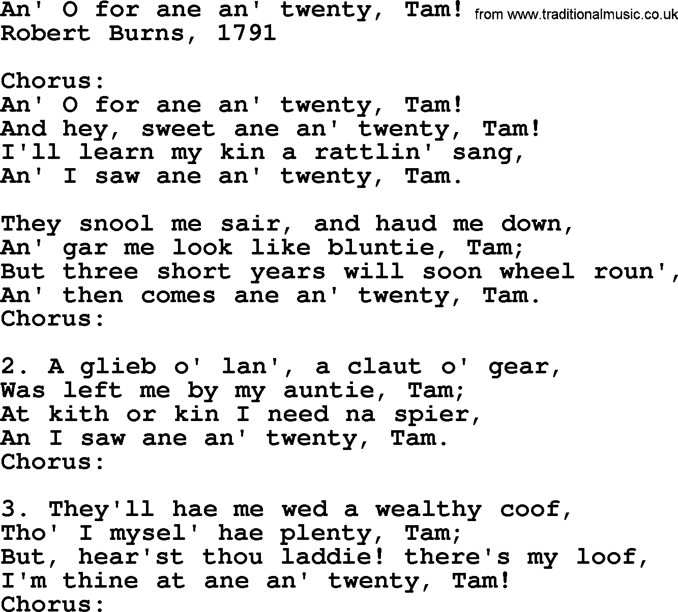 Robert Burns Songs & Lyrics: An' O For Ane An' Twenty, Tam!