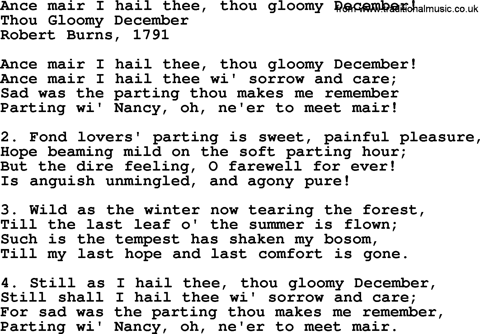 Robert Burns Songs & Lyrics: Ance Mair I Hail Thee, Thou Gloomy December!