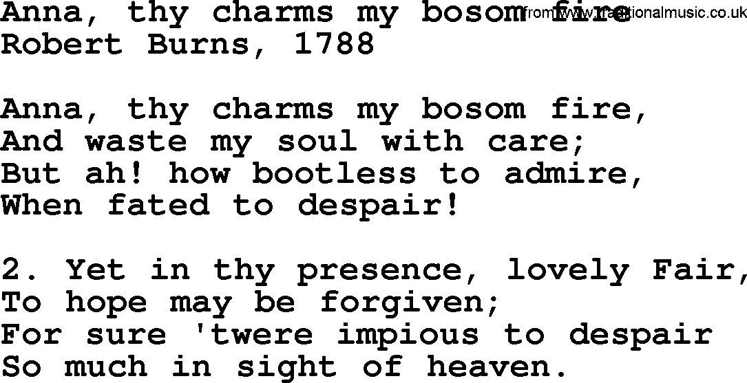 Robert Burns Songs & Lyrics: Anna, Thy Charms My Bosom Fire