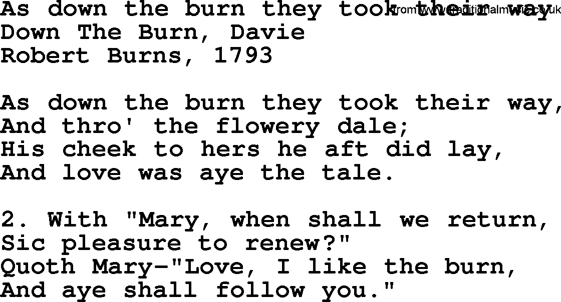 Robert Burns Songs & Lyrics: As Down The Burn They Took Their Way