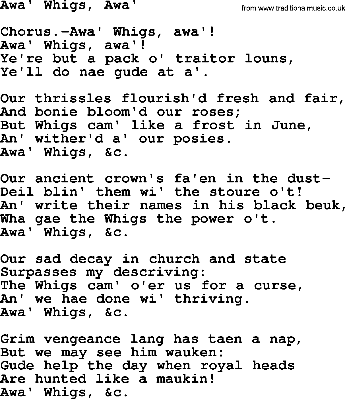 Robert Burns Songs & Lyrics: Awa' Whigs, Awa'