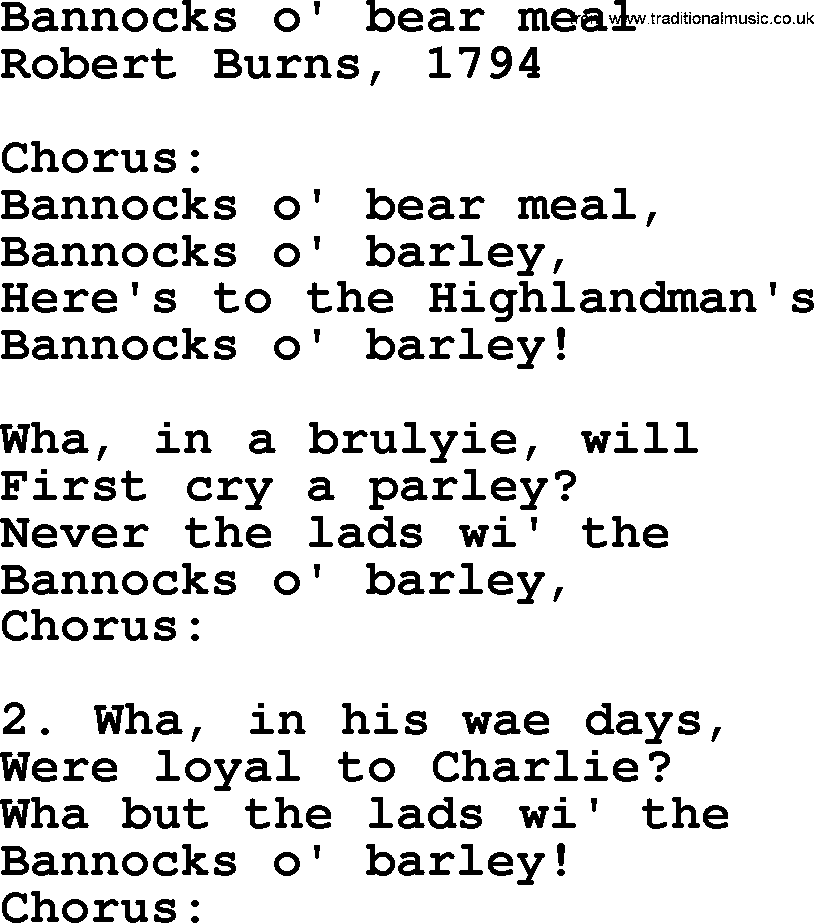 Robert Burns Songs & Lyrics: Bannocks O' Bear Meal