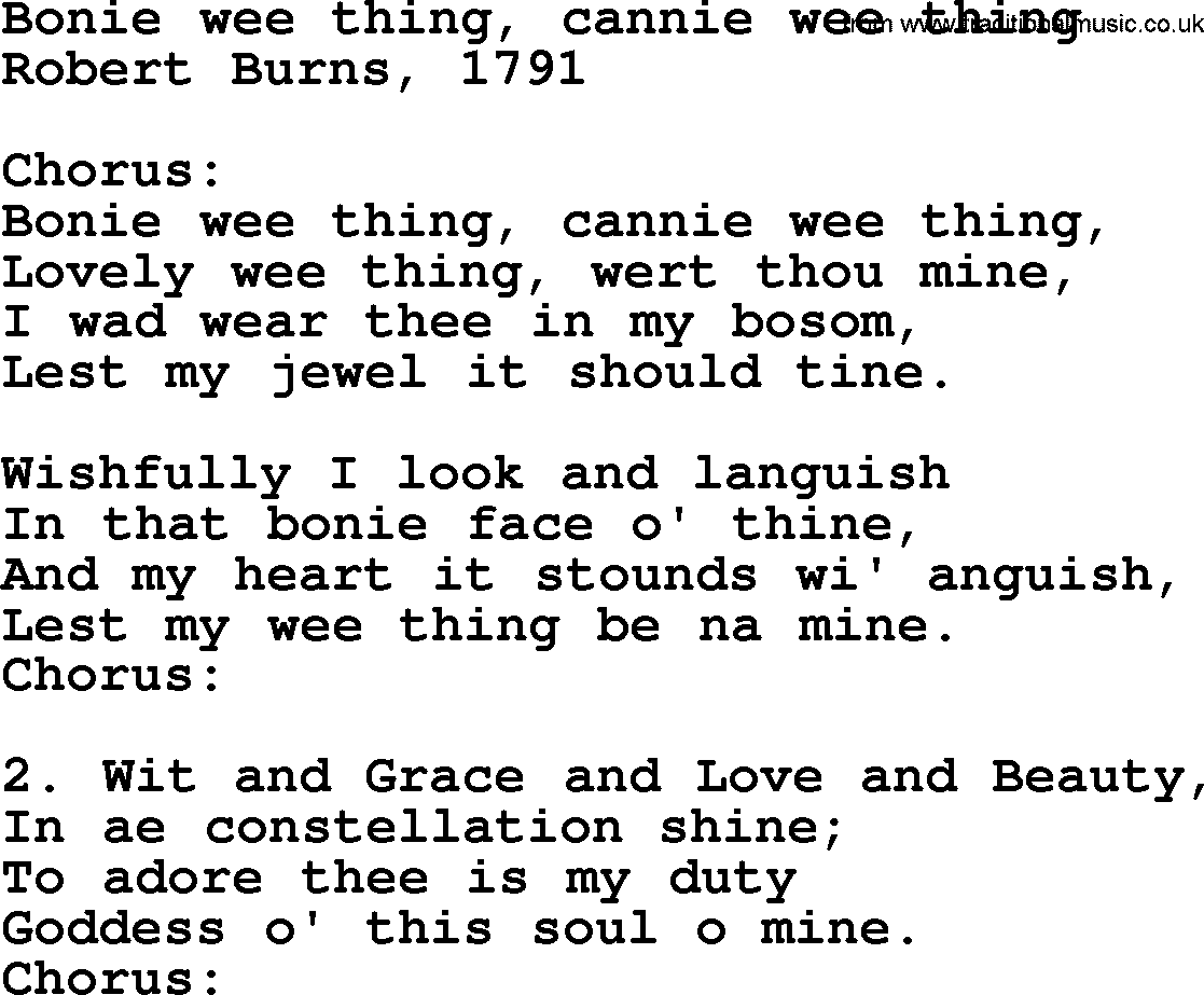 Robert Burns Songs & Lyrics: Bonie Wee Thing, Cannie Wee Thing