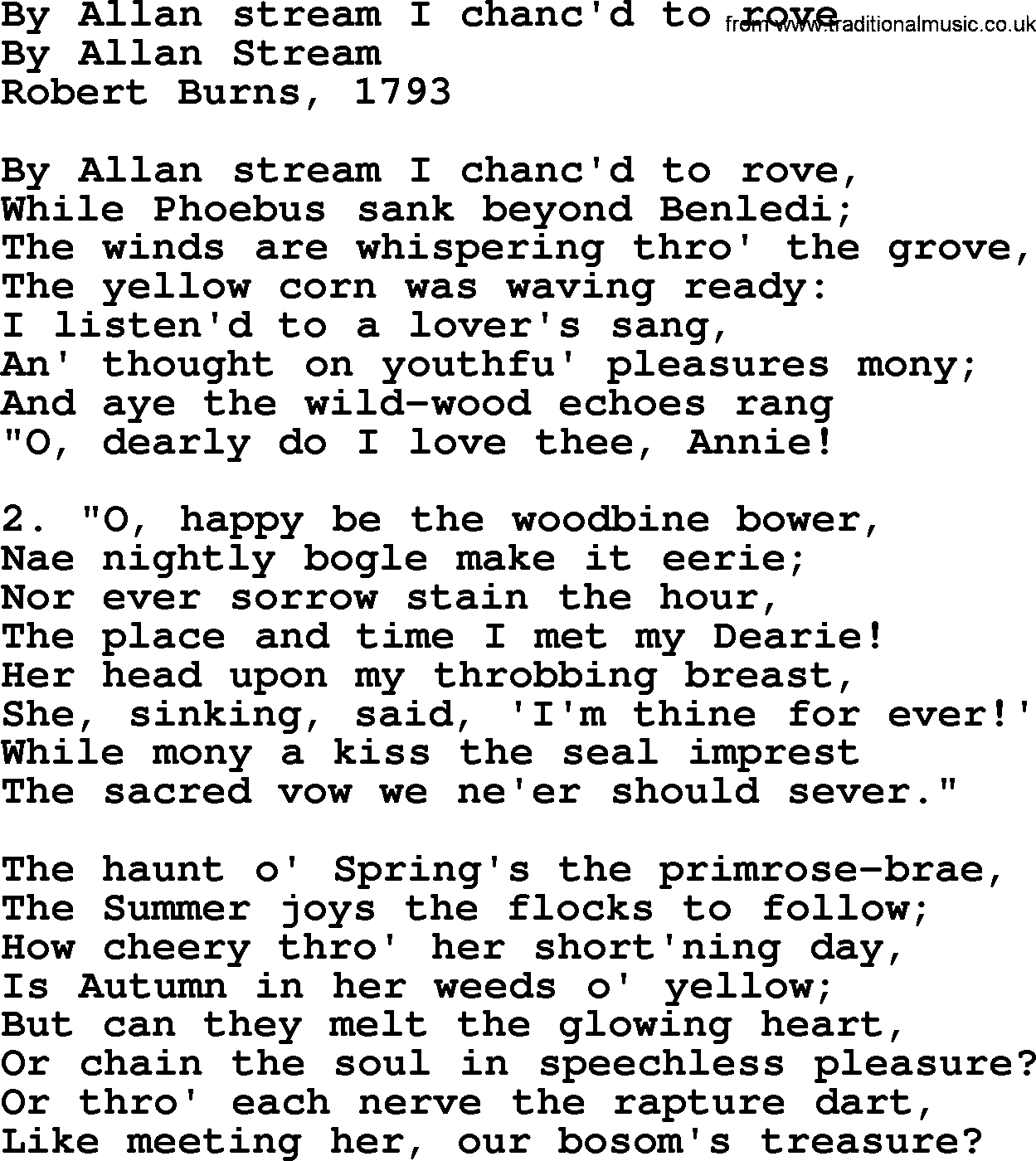 Robert Burns Songs & Lyrics: By Allan Stream I Chanc'd To Rove