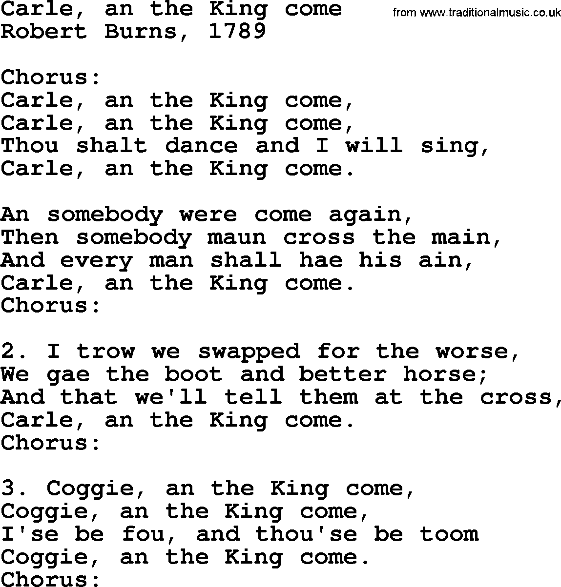 Robert Burns Songs & Lyrics: Carle, An The King Come