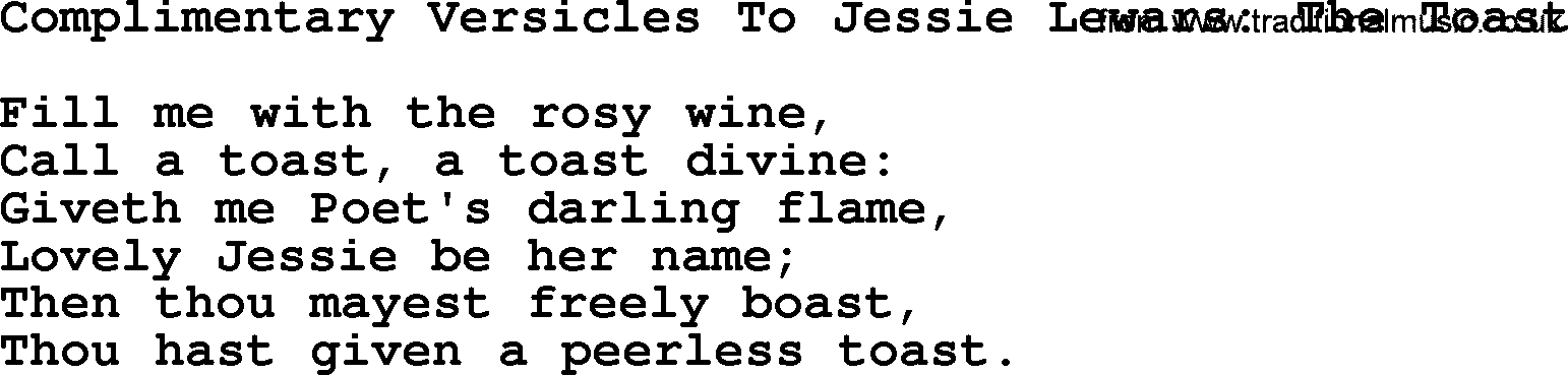 Robert Burns Songs & Lyrics: Complimentary Versicles To Jessie Lewars The Toast