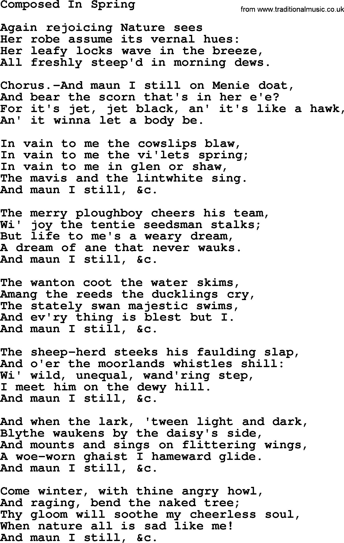 Robert Burns Songs & Lyrics: Composed In Spring