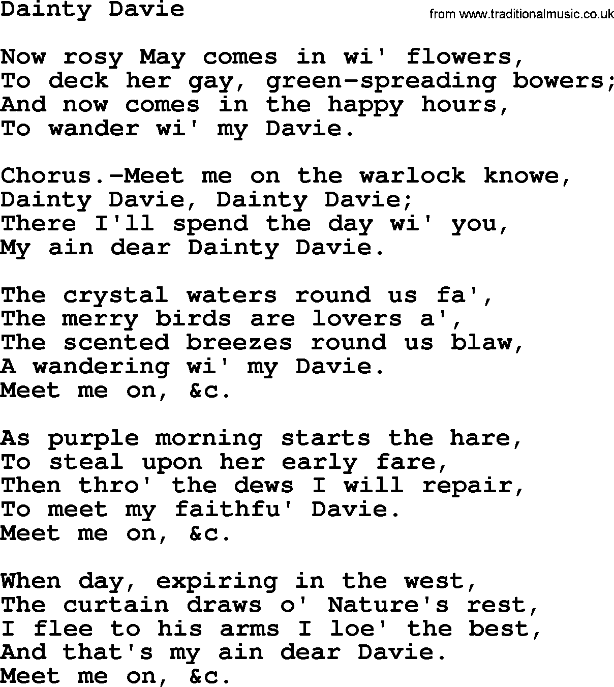 Robert Burns Songs & Lyrics: Dainty Davie