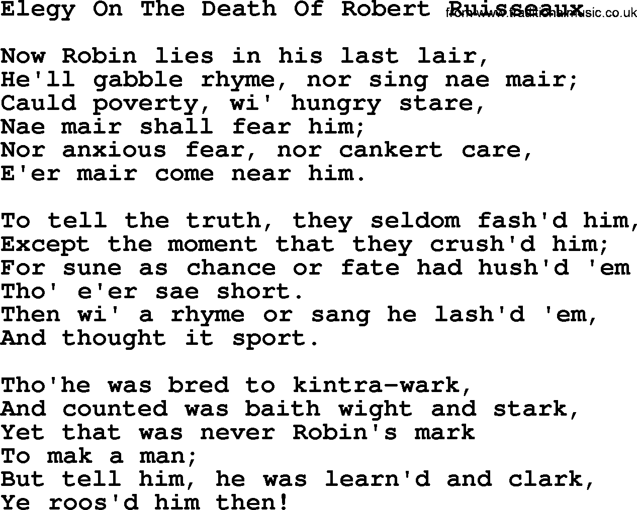 Robert Burns Songs & Lyrics: Elegy On The Death Of Robert Ruisseaux