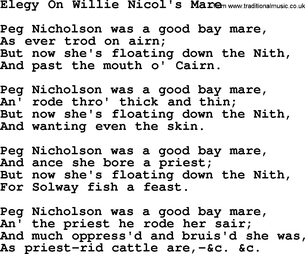 Robert Burns Songs & Lyrics: Elegy On Willie Nicol's Mare