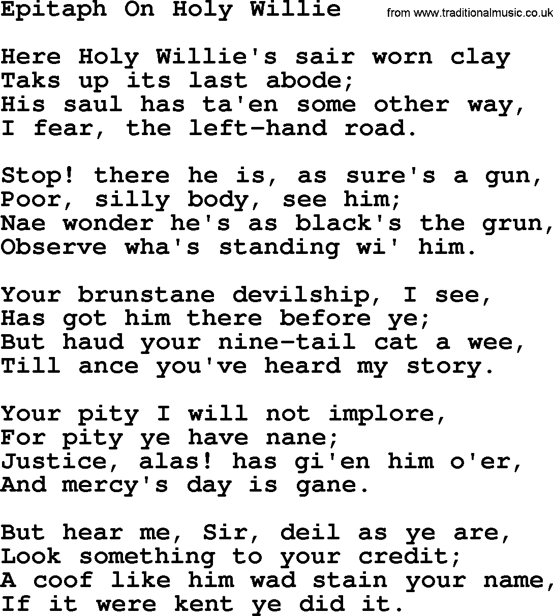 Robert Burns Songs & Lyrics: Epitaph On Holy Willie