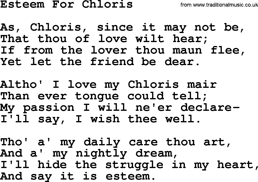 Robert Burns Songs & Lyrics: Esteem For Chloris