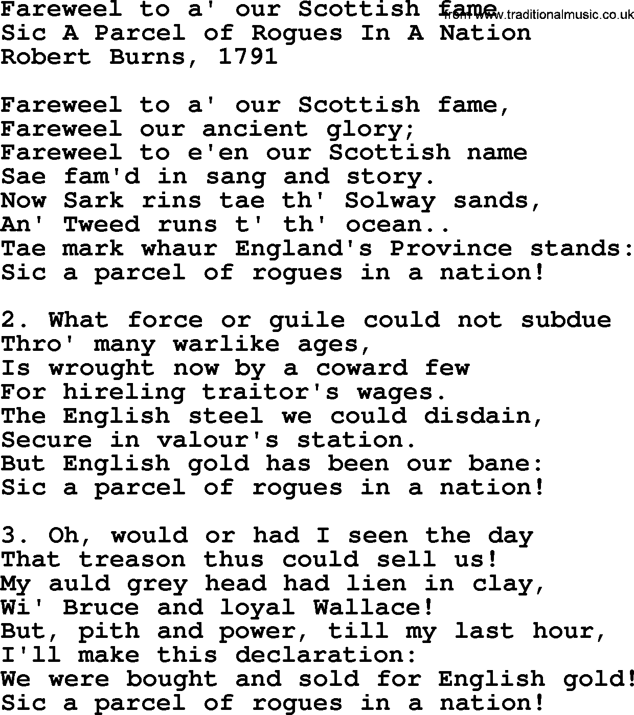Robert Burns Songs & Lyrics: Fareweel To A' Our Scottish Fame