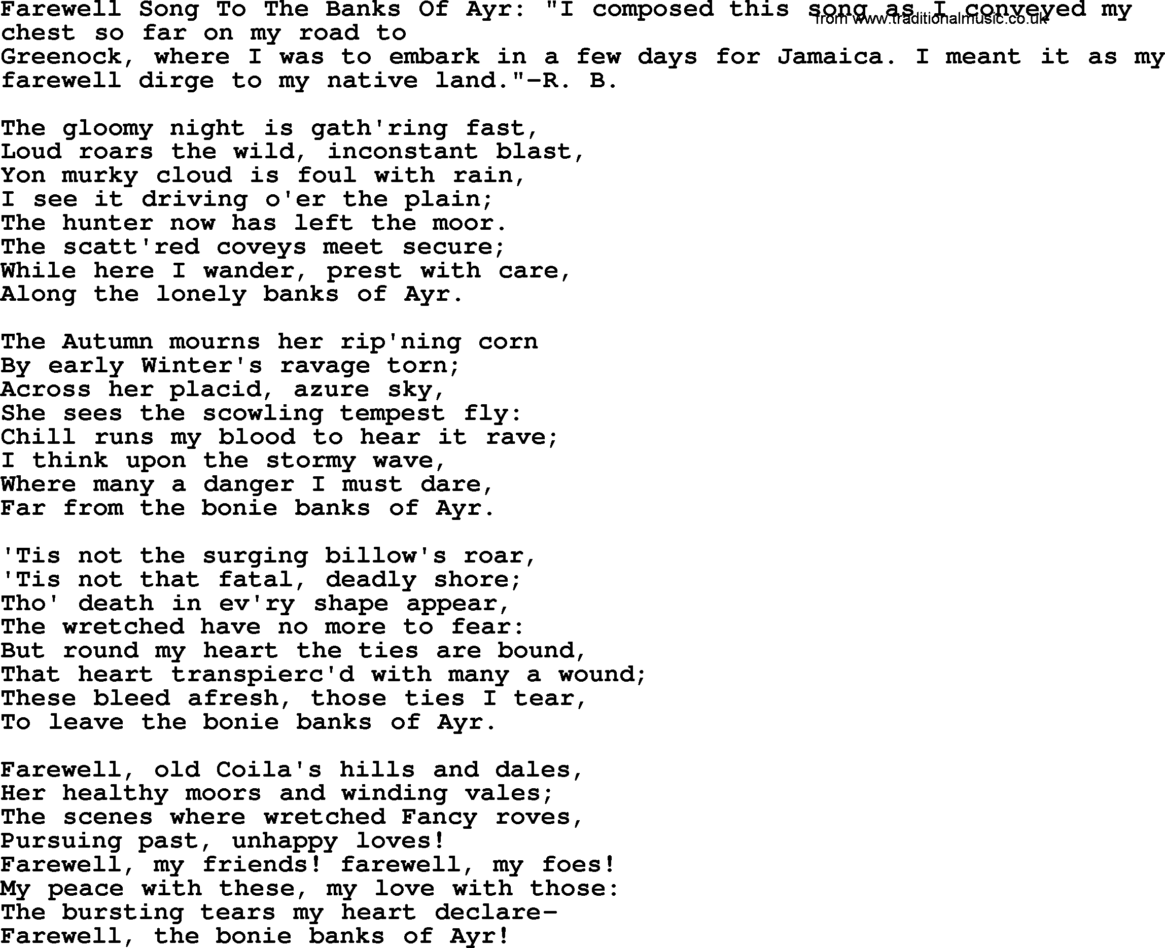 Robert Burns Songs & Lyrics: Farewell Song To The Banks Of Ay