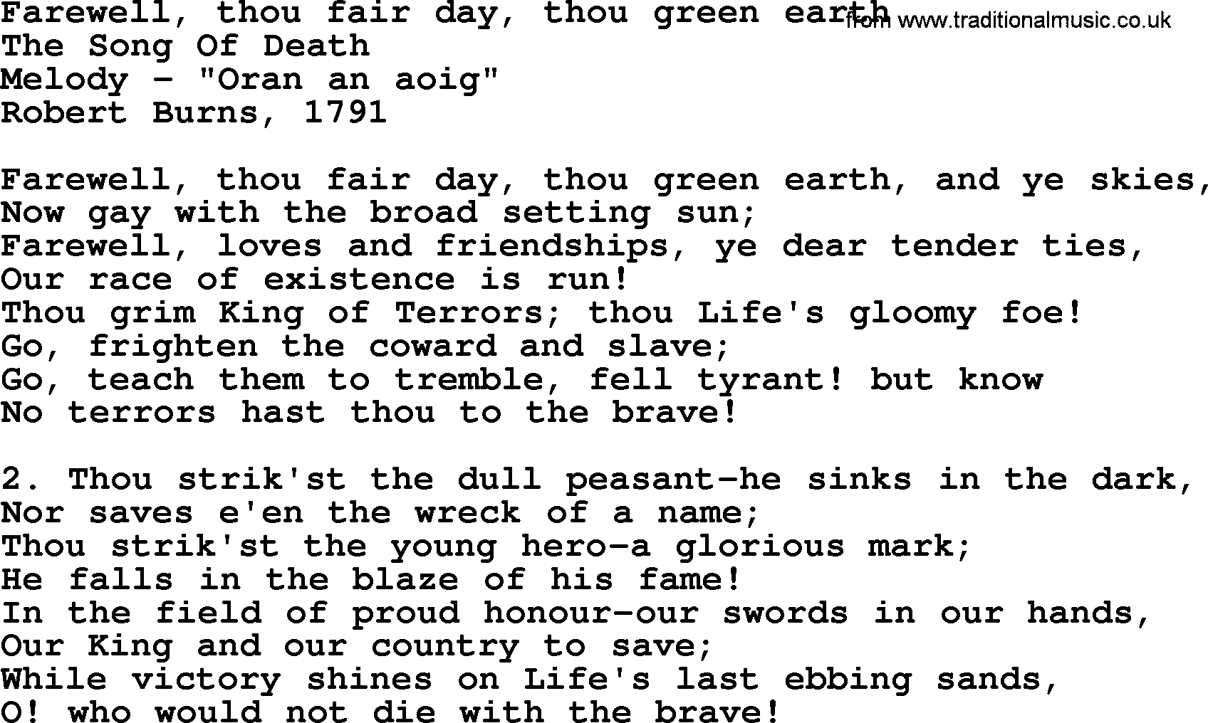 Robert Burns Songs & Lyrics: Farewell, Thou Fair Day, Thou Green Earth