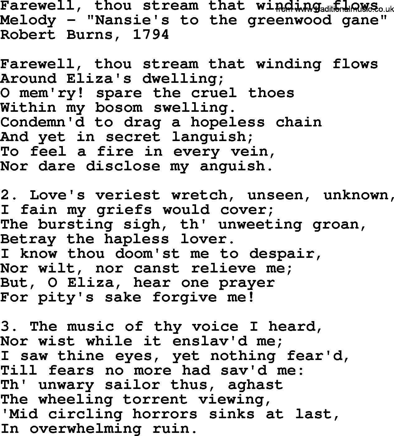 Robert Burns Songs & Lyrics: Farewell, Thou Stream That Winding Flows