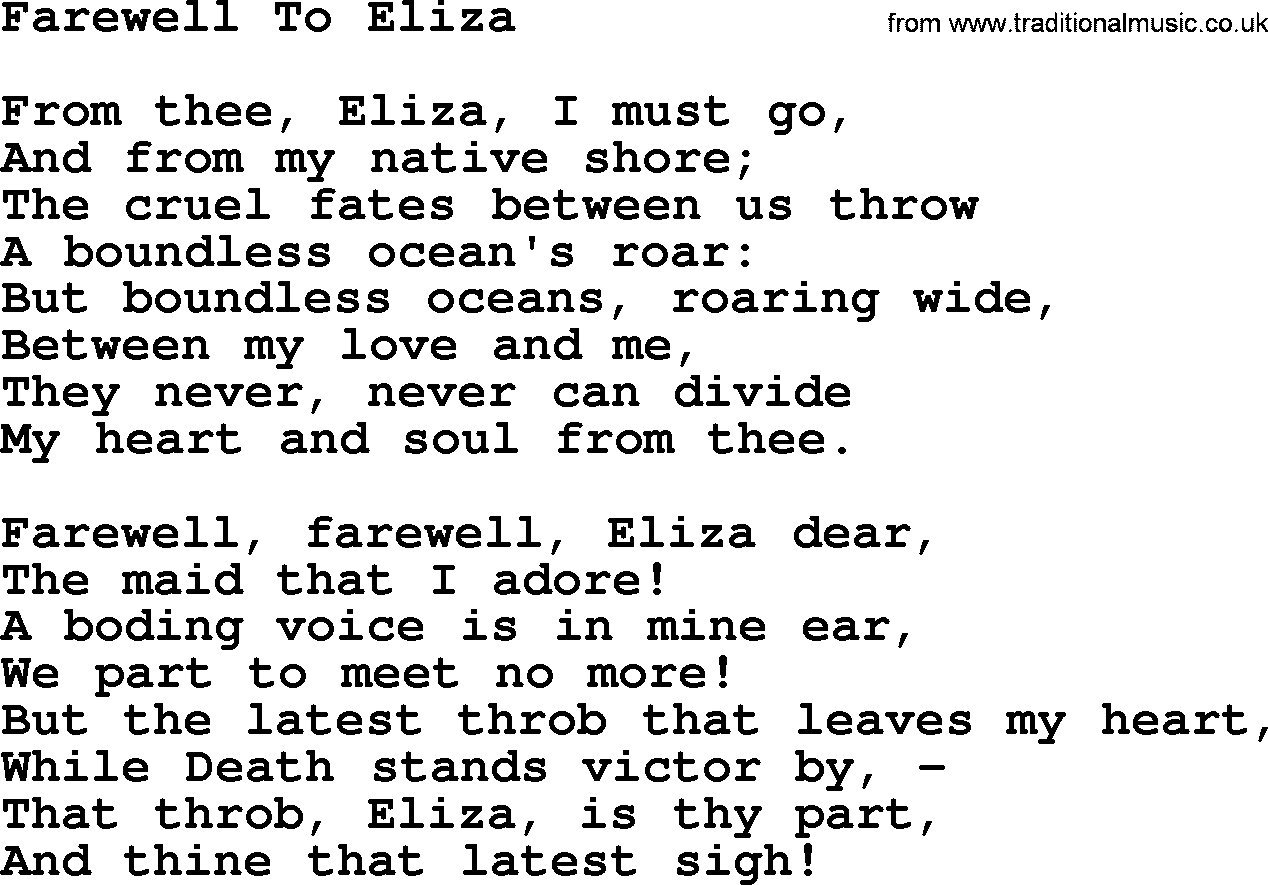 Robert Burns Songs & Lyrics: Farewell To Eliza