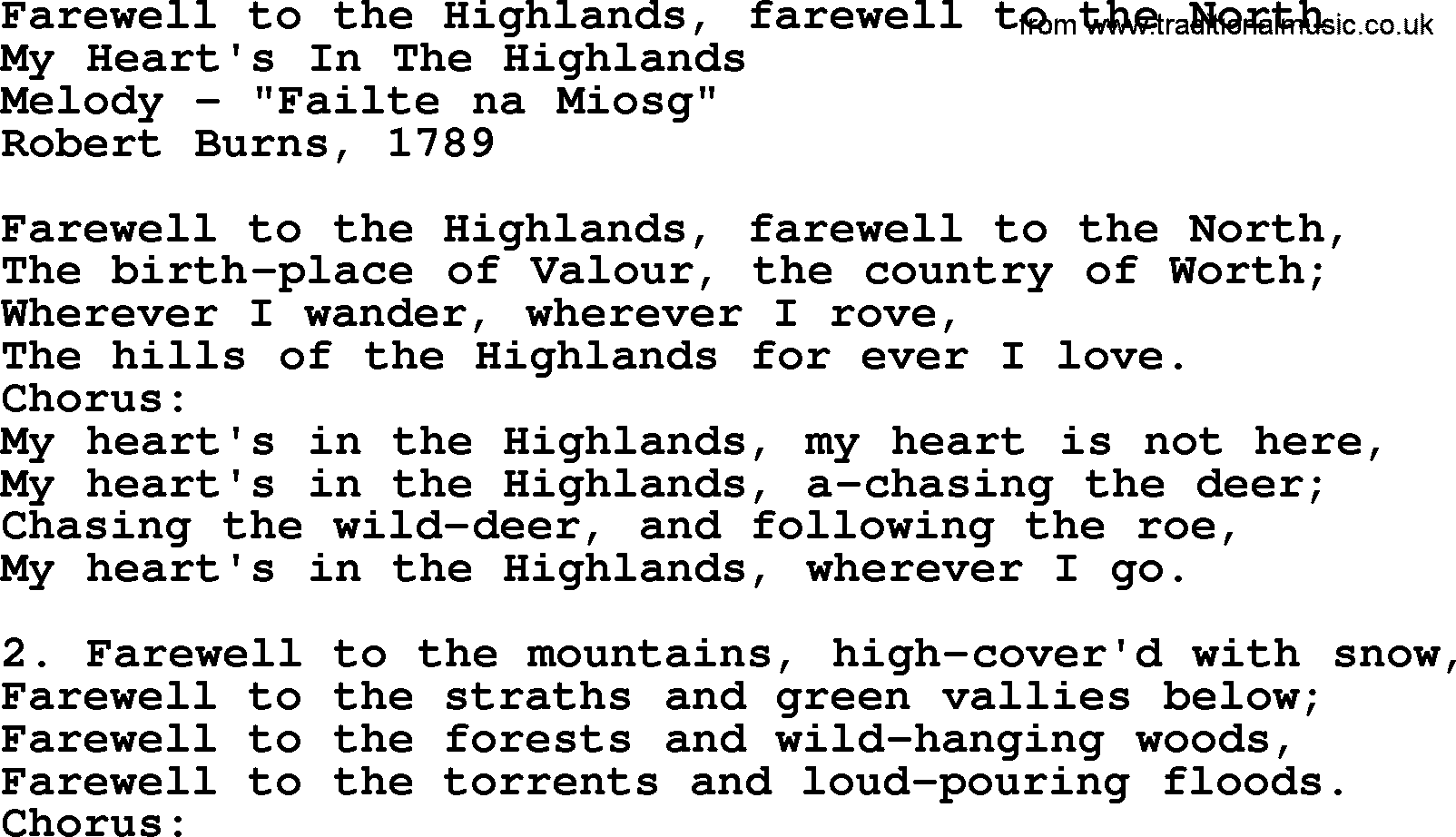 Robert Burns Songs & Lyrics: Farewell To The Highlands, Farewell To The North