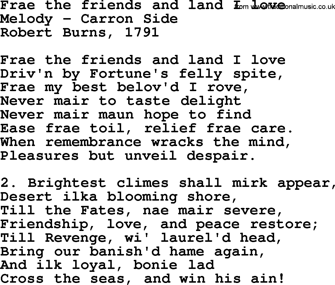 Robert Burns Songs & Lyrics: Frae The Friends And Land I Love