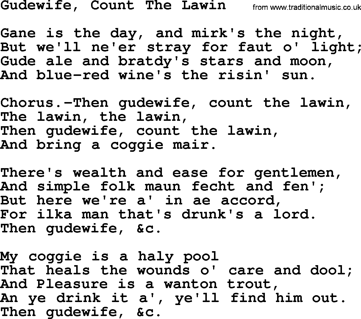 Robert Burns Songs & Lyrics: Gudewife, Count The Lawin