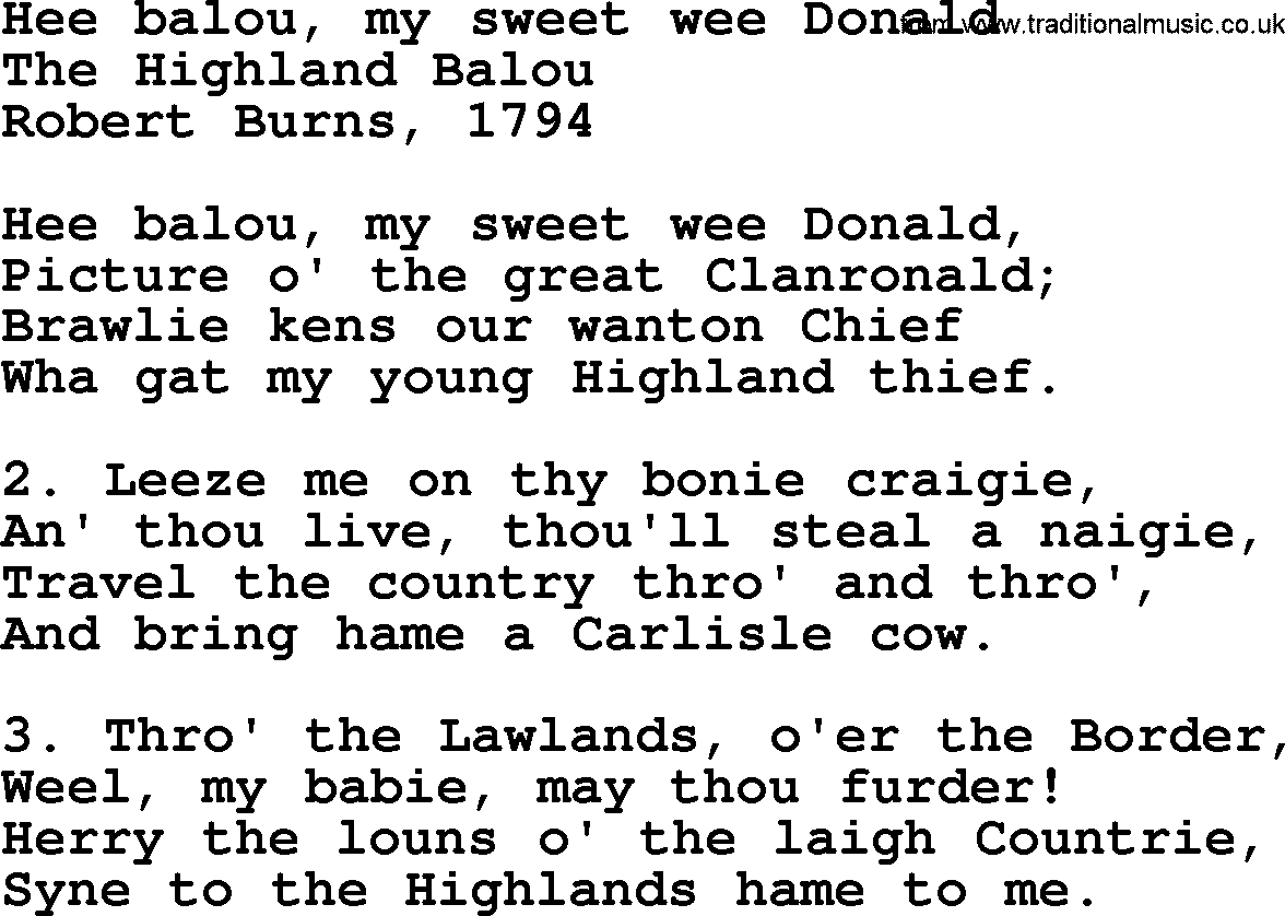 Robert Burns Songs & Lyrics: Hee Balou, My Sweet Wee Donald