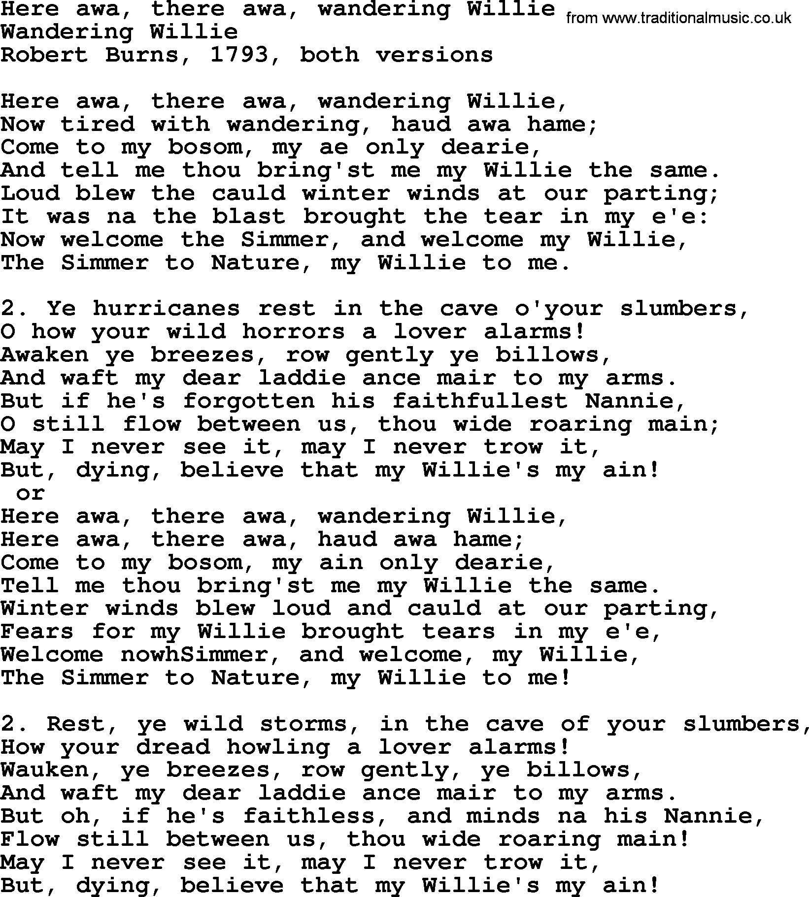 Robert Burns Songs & Lyrics: Here Awa, There Awa, Wandering Willie