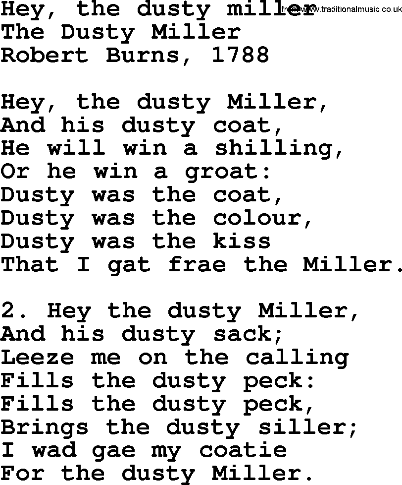 Robert Burns Songs & Lyrics: Hey, The Dusty Miller
