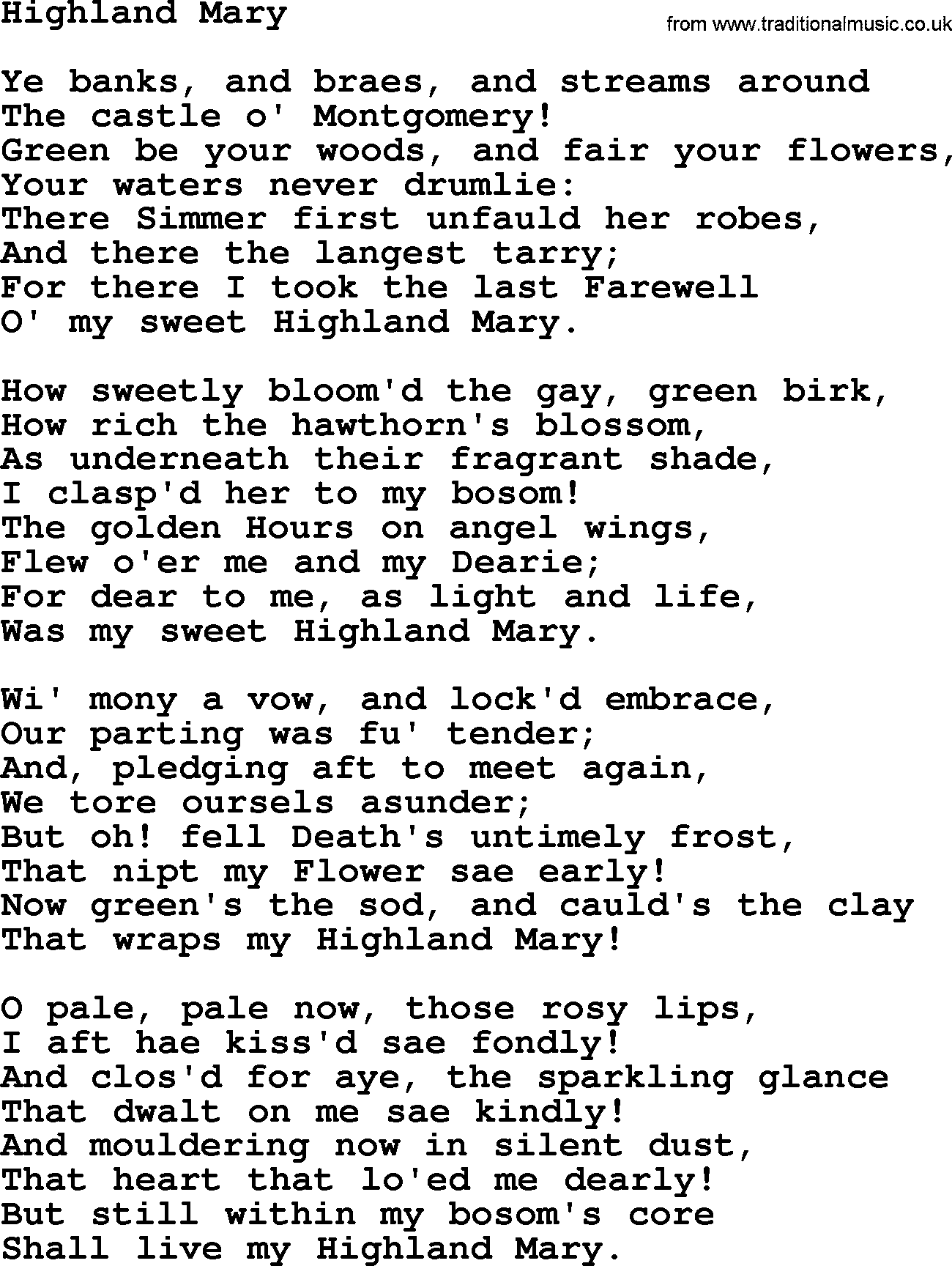 Robert Burns Songs & Lyrics: Highland Mary