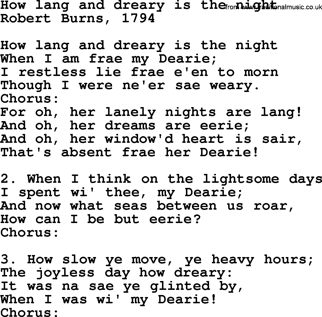 Robert Burns Songs & Lyrics: How Lang And Dreary Is The Night