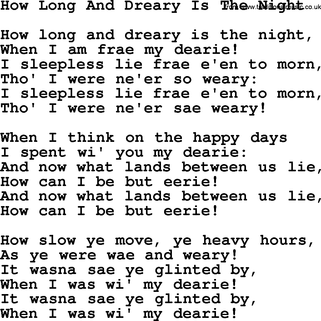 Robert Burns Songs & Lyrics: How Long And Dreary Is The Night