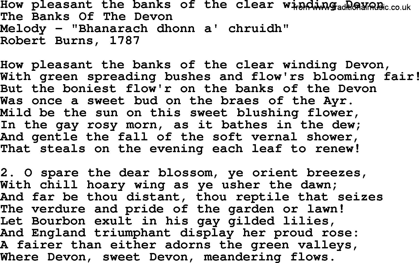 Robert Burns Songs & Lyrics: How Pleasant The Banks Of The Clear Winding Devon