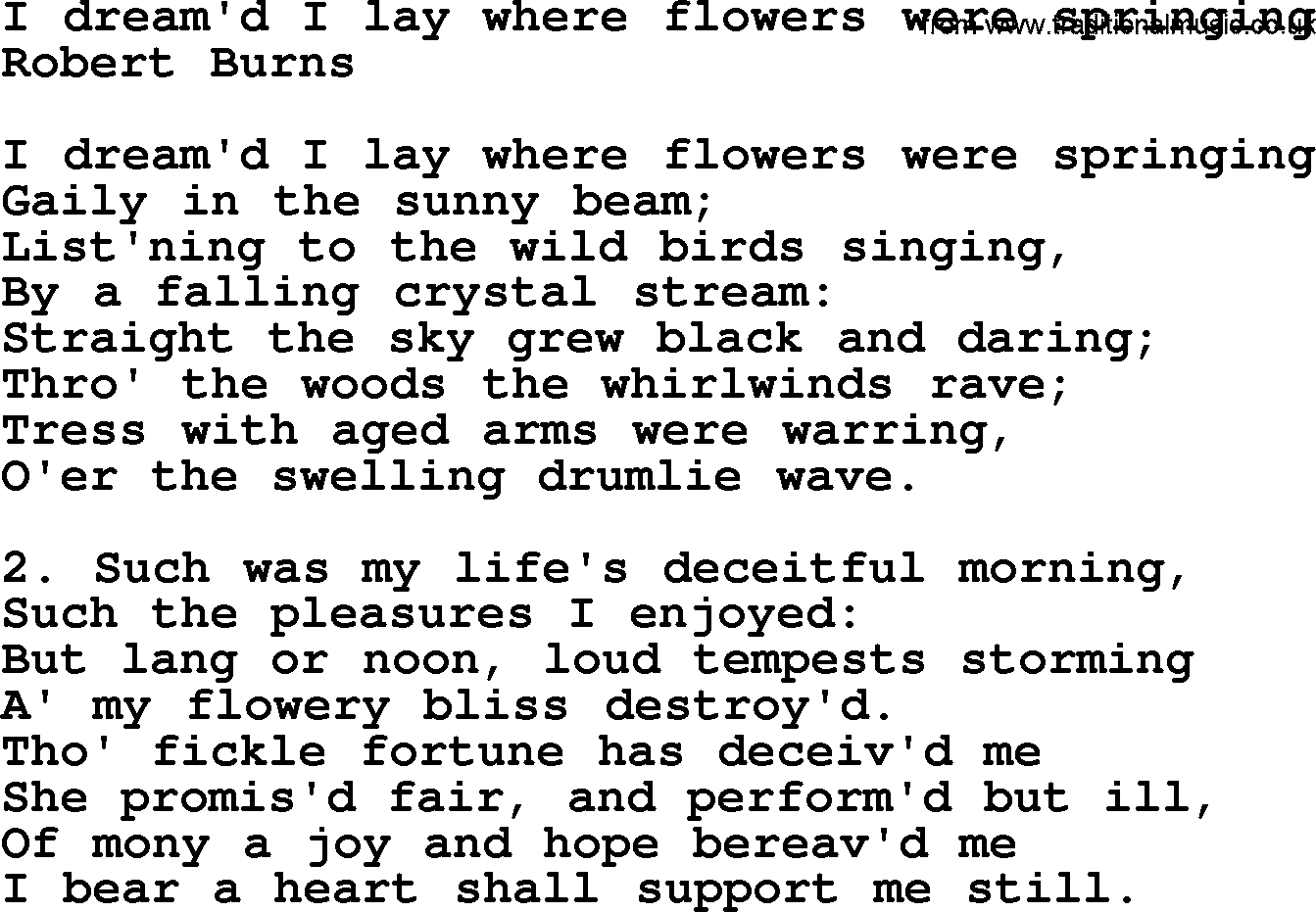 Robert Burns Songs & Lyrics: I Dream'd I Lay Where Flowers Were Springing