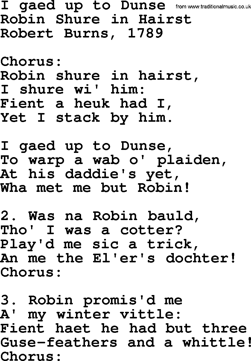 Robert Burns Songs & Lyrics: I Gaed Up To Dunse