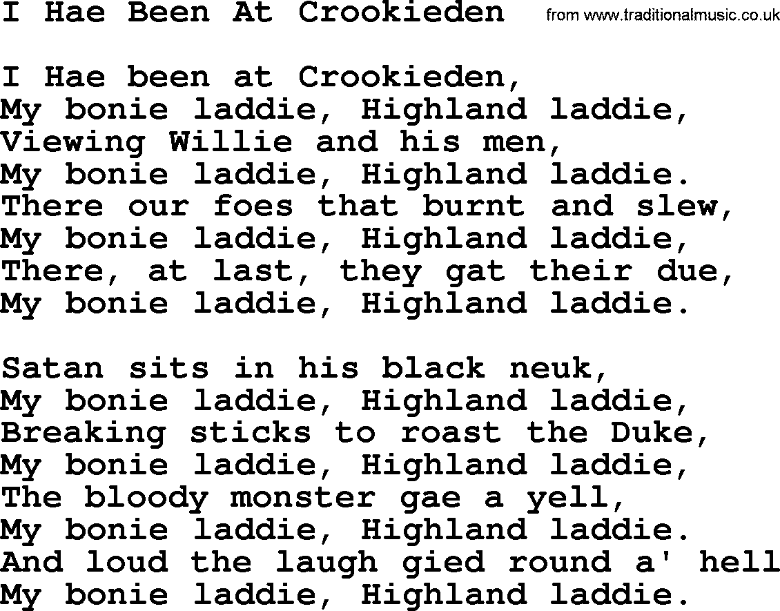 Robert Burns Songs & Lyrics: I Hae Been At Crookieden