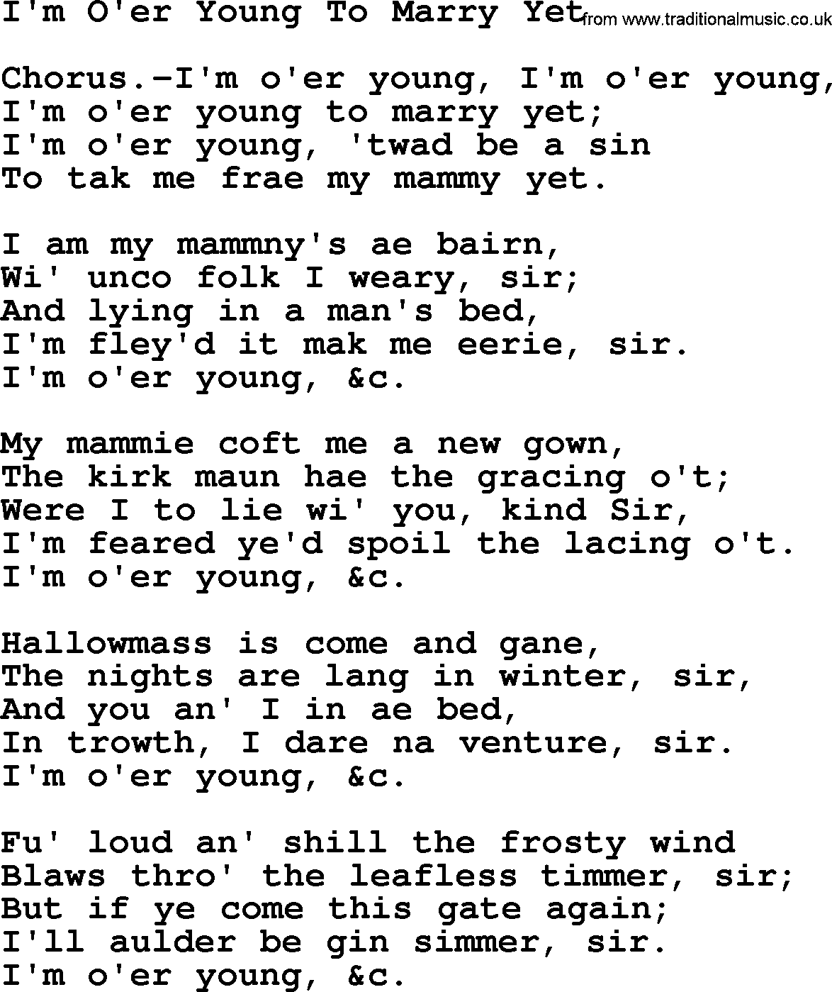 Robert Burns Songs & Lyrics: I'm O'er Young To Marry Yet