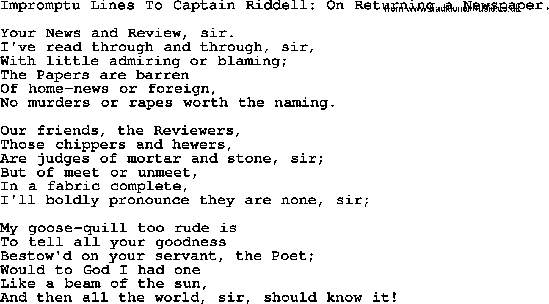 Robert Burns Songs & Lyrics: Impromptu Lines To Captain Riddell On Returning A Newspaper.