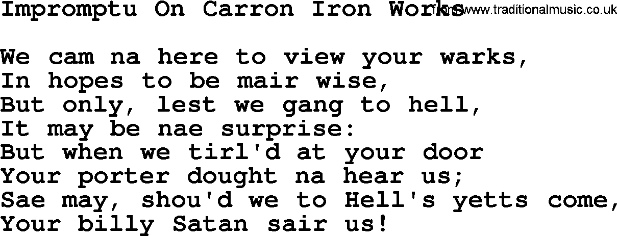 Robert Burns Songs & Lyrics: Impromptu On Carron Iron Works