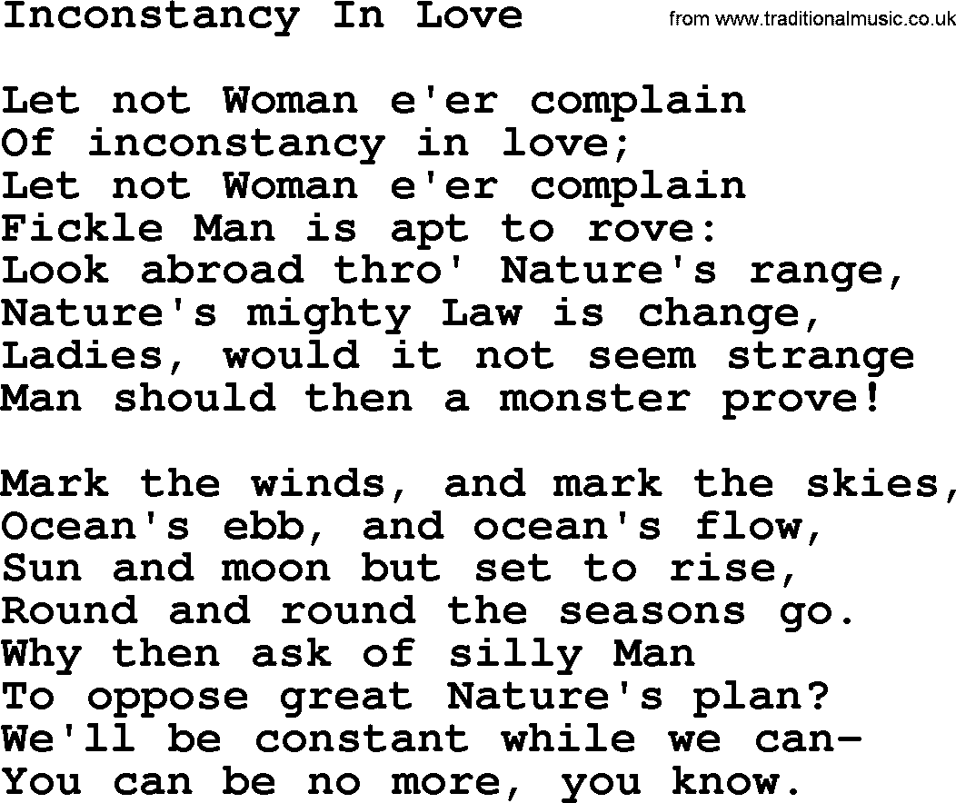 Robert Burns Songs & Lyrics: Inconstancy In Love