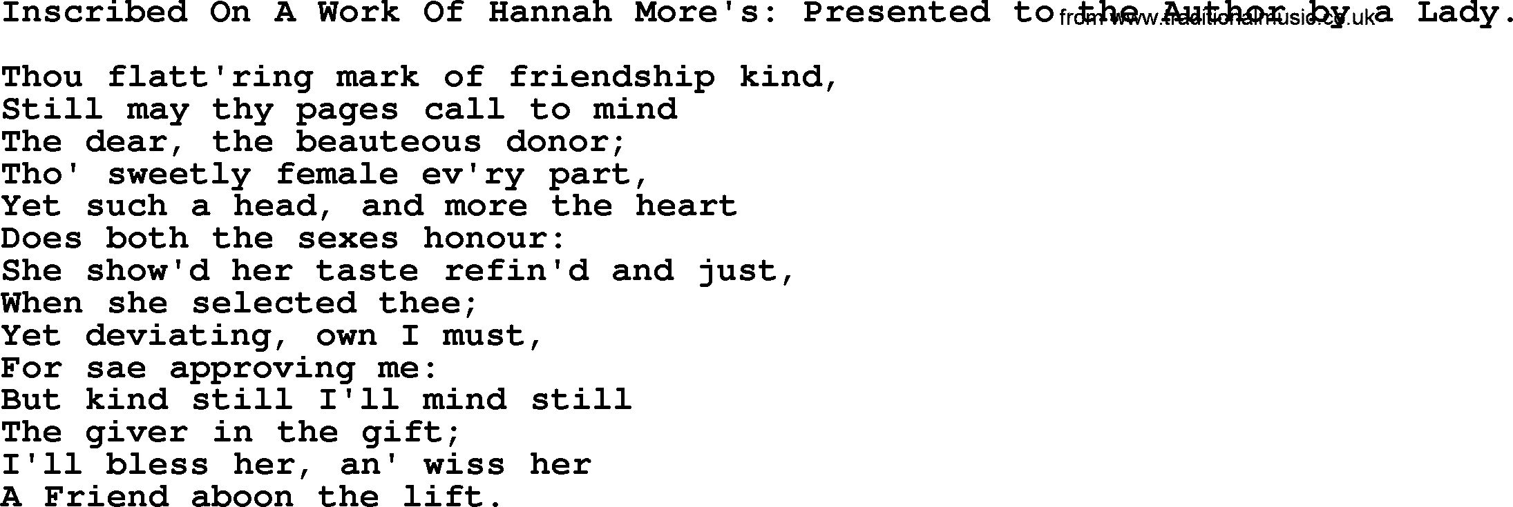 Robert Burns Songs & Lyrics: Inscribed On A Work Of Hannah More's