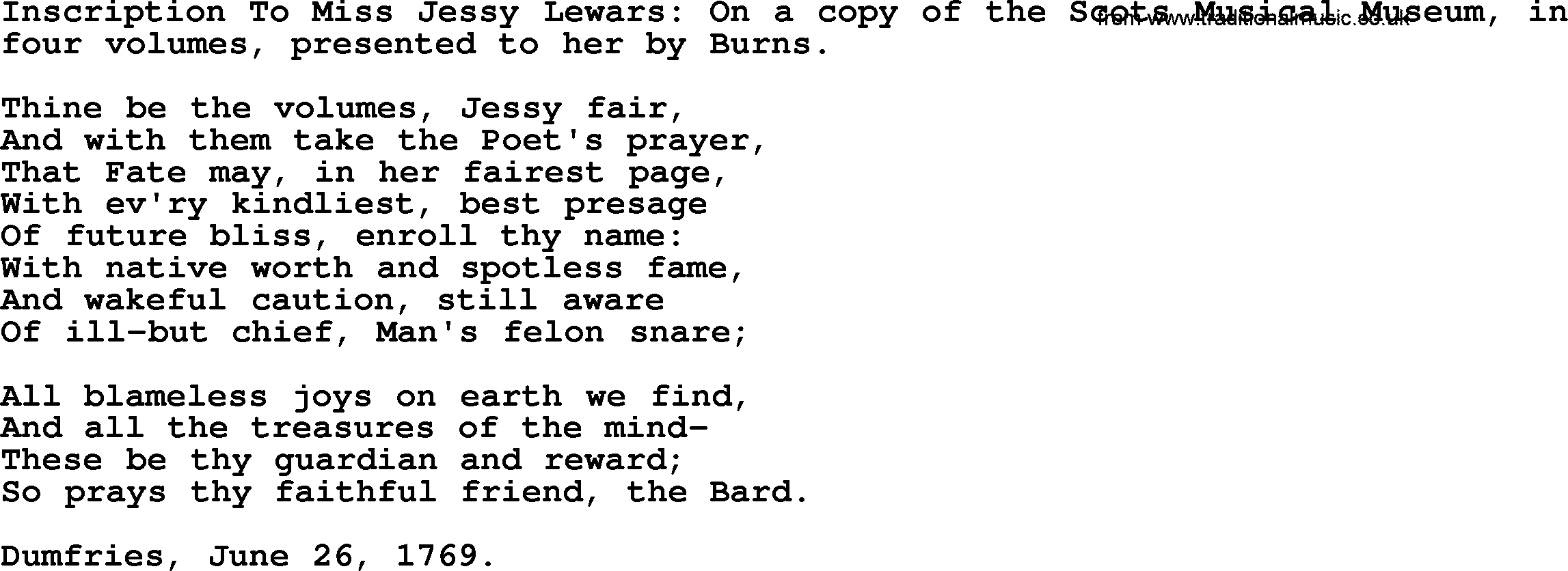 Robert Burns Songs & Lyrics: Inscription To Miss Jessy Lewars On A Copy Of The Scots Musical Museum