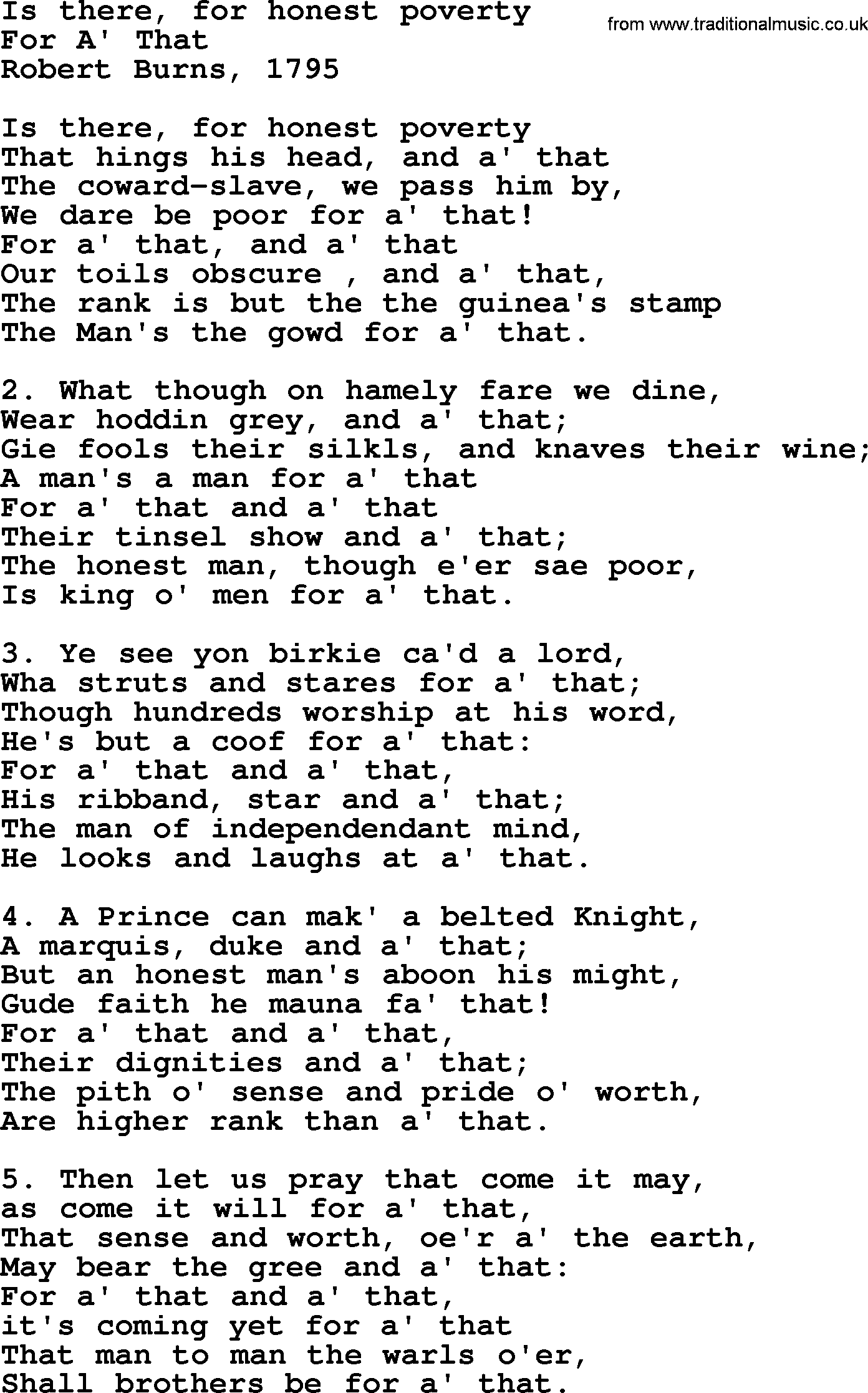 Robert Burns Songs & Lyrics: Is There, For Honest Poverty