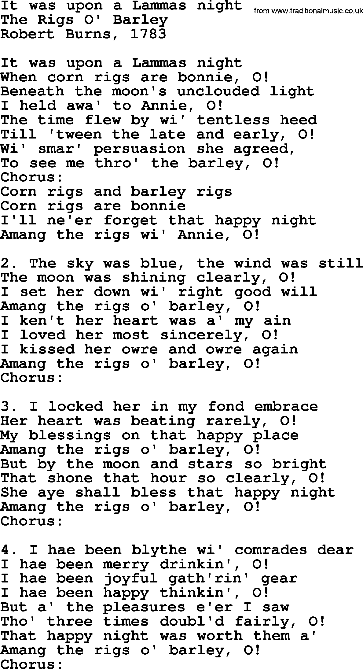 Robert Burns Songs & Lyrics: It Was Upon A Lammas Night