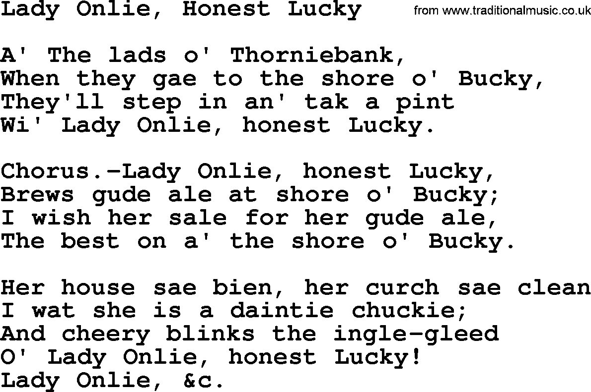 Robert Burns Songs & Lyrics: Lady Onlie, Honest Lucky