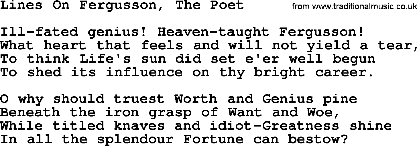 Robert Burns Songs & Lyrics: Lines On Fergusson, The Poet