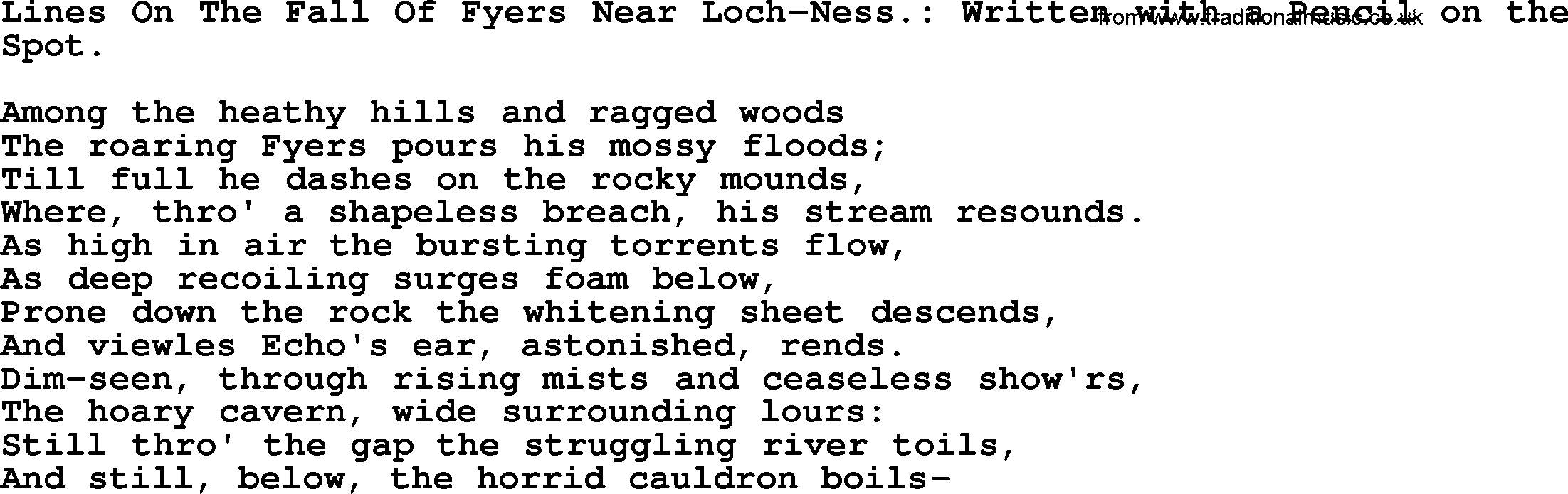 Robert Burns Songs & Lyrics: Lines On The Fall Of Fyers Near Loch-ness