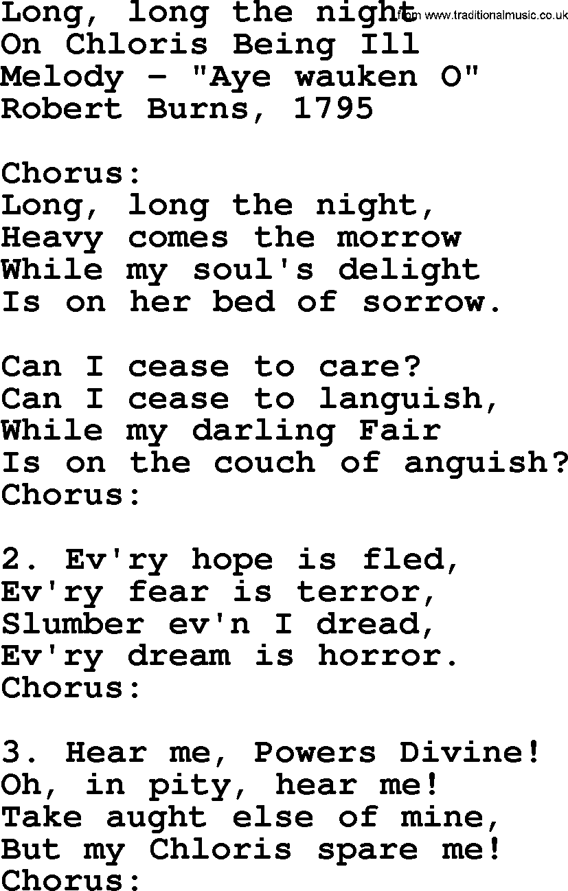 Robert Burns Songs & Lyrics: Long, Long The Night